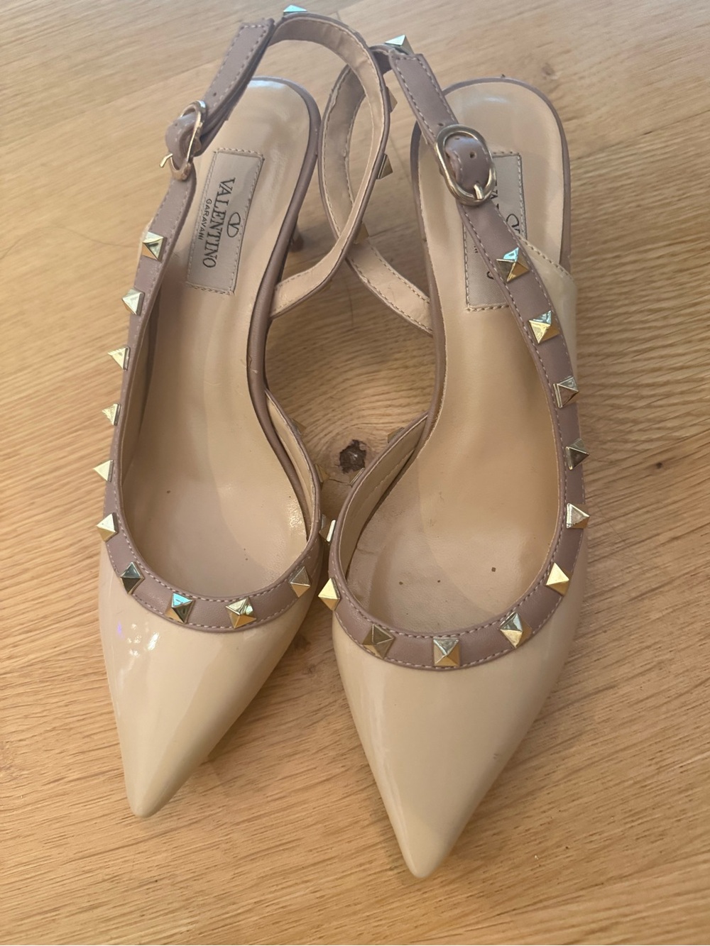 Nude and Taupe Patent Rockstud Slingback Heels 7